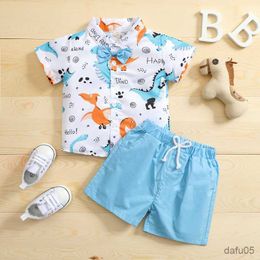 Clothing Sets Summer Baby Boys Clothing 2pcs Short Sleeve Dinosaur Button-Down Collar Bow Blouse Plain Drawstring Short Pants Sets R230815