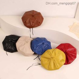 Caps Hats New Fashion Winter PU Leather Children's Beret Elegant Baby Girl Solid Vintage Hat Z230815