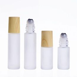 Frosted Thick Glass Roller Bottles with Wood Grain Cap 5ML 10ML Refillable Vials Containers for Essentials Oil,Aromatherapy,Perfume,Lip Smbg