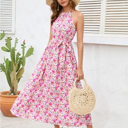 Casual Dresses Summer Sexy Off-the-shoulder Floral Printed Long Dress Women Halter Ladies Fashion Boho Lace-up Robe Femme 26419