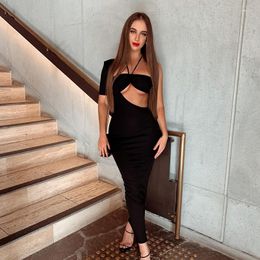 Casual Dresses Single Side Short Sleeve Halter Tube Top Hollow Out Maxi Dress Summer Women Fashion Outfits Sexy Party Club Bodycon
