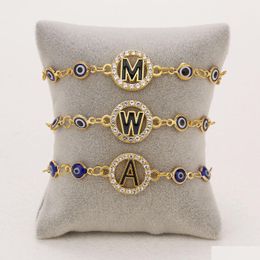 Identification Trendy A-Z Letter Lucky Blue Eyes Charm Bracelet Female Fashion Turkish Evil Eye Bracelets Shiny Rhinestone Luxury Jewe Dh5Jo