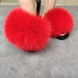 Slippers Fur Slippers Natural Hair Fluffy Cute Plush Ladies Flip Flops Summer Home Outdoor Non-Slip Wear-Resistant Flat Sandals 230814