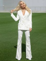 Women's Two Piece Pants Women White Blazer Long Pant Suit Sexy V Neck 3D Flower Decoration Full Sleeve Coat Flared Trousers Evening Party 2