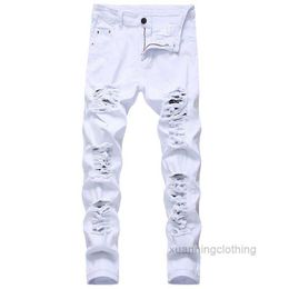 Men Ripped Jeans White Red Black Stretch Slim Fit Spring Autumn Denim Pants Streetwear Biker GGS8