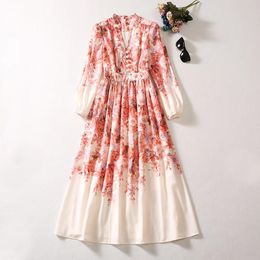 الملابس الأوروبية والأمريكية للسيدات 2023 الخريف الجديد الأكمام الطويلة V-neck Pink Print Fashion Dressy XXL