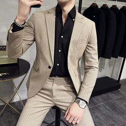 Men's Suits (Jacket Pants) Stripe For Men2-Piece Business Khaki Wedding Dress Man Tuxedo Slim Fit Formal Blazer Set Custom M-5XL