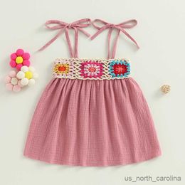 Girl's Dresses Kids Girls Dress Crochet Embroidery Sleeveless Tie-Up Strap Cami Dress Summer Casual Clothes Princess Dress R230815