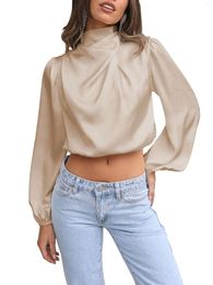 Women's T Shirts Women Satin Silk Blouse Mock Neck Long Sleeve Work Office Silky Shirt Loose Elegant Casual Top