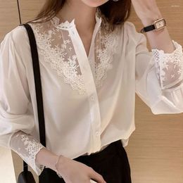 Women's Blouses Long-sleeve Shirt For Women Floral Embroidered Lace Elegant Single-breasted Shirts With Stand Collar Ol