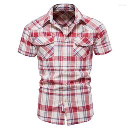 Men's Casual Shirts Men High Quality Male Cototn Pockets Summer Plaid Short Sleeves Slim Fit Business Size XXL