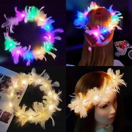 Headwear Hair Accessories 6pcs Flower Crown Led Feather Crown Headband Luminous Light Up Feather Angel Crown Wreath Headbands Wedding Festival Party Decor 230815