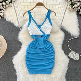 Casual Dresses Summer Women Colour Match Spaghetti Strap Bodycon Dress Sexy V Neck Sleeveless Slim High Waist Pleated Club Party Vestidos