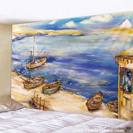 Tapestries Painting Moon Harbor Fishing Boat Tapestry Wall Decoration Cloth Tapestries Wall Hanging Beach Blanket Art Painting Tapestry R230815