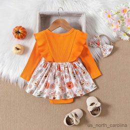 Girl's Dresses Newborn Infant Girl Rompers Dress Ruffles Long Sleeve Pumpkin Flower Print Skirt Hem Jumpsuits Clothes Bodysuits R230815