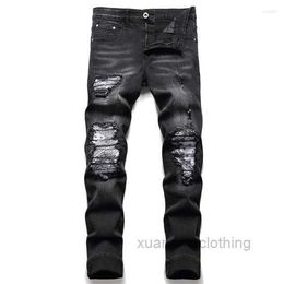 Men's Jeans Men Biker Streetwear Paisley Bandana Print Patch Stretch Denim Pants Patchwork Holes Ripped Slim Straight Black Trousers UPAW