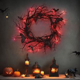 Other Event Party Supplies Halloween Wreath Bat Black Branch Wreaths With Red LED Light 45CM For Doors Window Flower Garland Decoration 230815