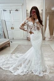 Pełna koronkowa romantyczna syrena sukienki ślubne Sheer Sleeve Applique klejnot szyi długie suknie ślubne ogrodowe boho szatę de mariage