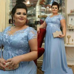 Light Sky Blue Chiffon Mother Of The Bride Dresses Lace Western Formal Groom Wedding Guests Gown Plus Size Custom Made Available 328 328