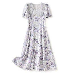 2023 Summer PurpleFloral Print Panelled Lace Dress Short Sleeve V-Neck Midi Casual Dresses W3L043610