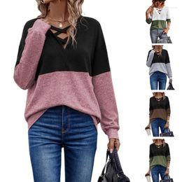 Women's T Shirts Sping T-shirt Autumn Womens V-neck Criss Color Contrast Patchwork Tops