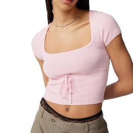 Women's T Shirts Fashion Womens Summer Fitted Crop Tops Solid Colour Short Sleeve Square Neck Knit Drawstring T-Shirt Skin-Friendly