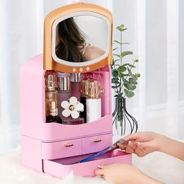 Makeup Organiser With LED Light Up Mirror Portable Travel Cosmetic Case Storage Box With Mirror Partitionable Cosmetic Led Light Mirror 3 Colours Dust-proof