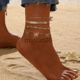 Anklets Boho Multi-layer Hollow Heart Butterfly Shell Snake Anklet Gold Colour Bohemia Vintage Beh Ankle Brelet Women Fashion Jewellery J230815