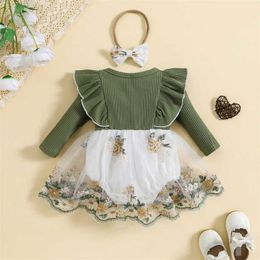 Girl's Dresses Infant Baby Girl Fall Jumpsuit Outfits Long Sleeve Romper Dress Floral Embroidery Patchwork Rompers Headband 2pcs Clothes
