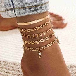 Anklets Bohemian Key Charm Anklet Set For Women Love Heart Lock Ankle Brelet On Leg Foot Chain Female Beh Jewellery J230815