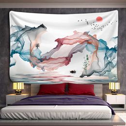 Tapestries Chinese Ink Wash Landscape Painting Tapestry Wall Hanging Sunrise Colorful Simple Studio Bedroom Background Decor