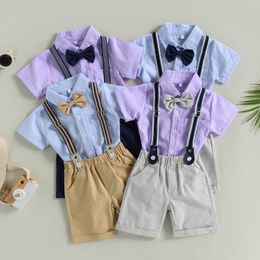 Clothing Sets 0-18M Infant Baby Boys Gentleman Clothes Sets Bowtie Short Sleeve Button Romper and Straps Shorts 2Pcs Suit