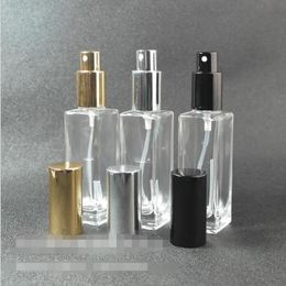 30ML Empty Clear Glass Perfume Spray Bottle 1Oz Refillable Square Atomizer with Black Gold Black Pump Cap Oowor