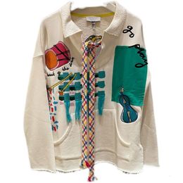 Women s Jacket white Denim Jacket Fashion graffiti Print long sleeved jeans jacket Embroidered pullover lace hollowed out coat L 230815