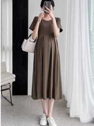 Korean Style Fashion Summer Maternity Dress O-Neck Short Sleeve Loose Casual Pregnant Women Pleated Dress Pregnancy Clothes