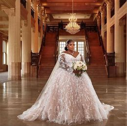 Size Wedding Plus Dresses Long Sleeves Bridal Gown V Neck Beads Appliqued Lace Beach Custom Made Sweep Train Boho Chic A Line Robes De Mariee