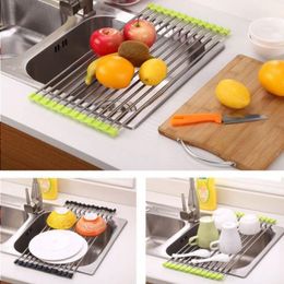 Kitchen Sink Dish Rack Drainer 37 x 23CM Stainless Steel Non-slip Folding Drying Rack Holder For Bowl Fruit Vegetable 12Pcs Pipes Mxscb