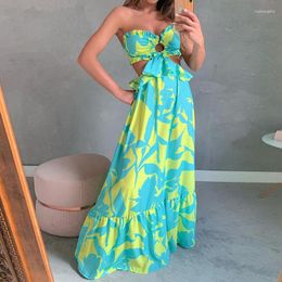 Casual Dresses Spring Women Maxi Dress Summer Print Sleeveless Strapless Backless Cutout Ruffles Beach Party Evening Sexy