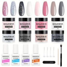 Dip Powder Nail Kit 8 Colors Gray Nude White Glitter With Base Top Coat Activator & Manicure Tools Dipping Powder System Essential Liquid Set Gifts For Women