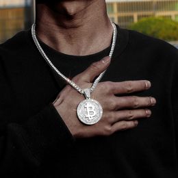 Pendant Necklaces Bitcoin Iced Out Pendant Full Match Bling 4mm Tennis Chain Necklace Choker Hip Hop Trendy Jewelry for Men and Women 230815