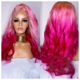 Highlight Pink Coloured 13X4 Lace Front Wig Human Hair Brazilian Glueless Ombre Body Wave Synthetic Frontal Wigs For Women Preplucked