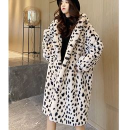 QNPQYX Winter Fashion Faux Fur New Mid-Long Hooded Long Sleeve Warm Imitation Rabbit Fur Leopard Print Jacket Women Trendy