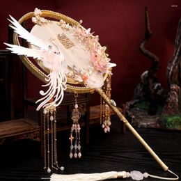 Decorative Figurines Double-sided Phoenix Round Fan Antique Hand Embroidery Chinese Style Bridal Long Handle Handmade Costume Show