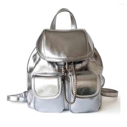 School Bags MS Fashionable Women Backpack Luxury Genuine Leather Metallic Texture Color Girls Bookbag Unique Lady Mini Bag 2023