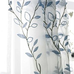 Curtain White Tulle Blue Leaves Embroidered Curtains for Living Room Bedroom Transparent Sheer Curtain Drape Window