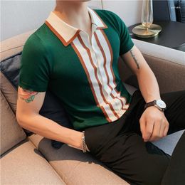 Men's Polos British Style Summer Short-sleeved Striped POLO Shirt High-quality Knitted Slim Casual Cardigan Lapel Button Tee Tops