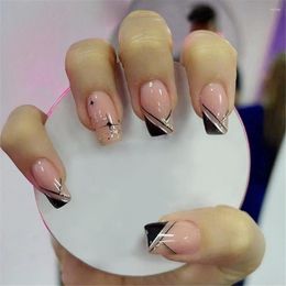 False Nails French Black Fringe Fake Nail Tips With Designs 2023 Fashion Star Glitter Manicure Square Head Set Press On