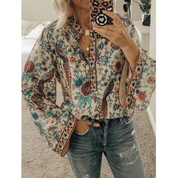 Women's Blouses Shirts CINESSD Women Print Blouses Casual Loose Tops Stand V Neck Long Sleeves Button Plus Size Pullover Female Tee Shirts Blouse 230814