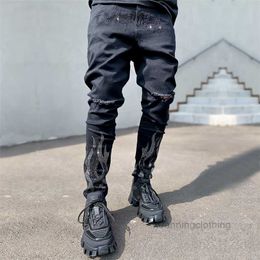 Mens Ripped Drill Jeans Skinny Black Stretch Denim Pencil Pants Man Street Punk Slim Fit Biker Trousers PR0I