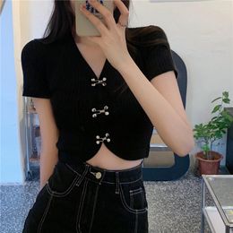 Women's T Shirts V-neck Dark Black Tshirt Large Size Chic Metal Breasted Knitted Tops E-girl Gothic Shirt Women Vintage Harajuku Crop Tees